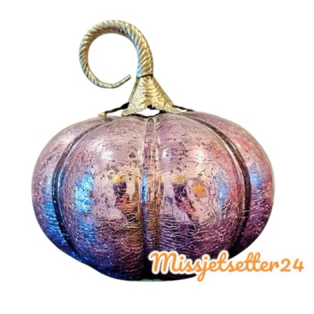 Purple Crackle Mirrored Pumpkin With Silver Stem Fall Halloween Thanksgiving